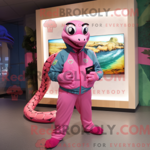 Maskotkarakter av en rosa...
