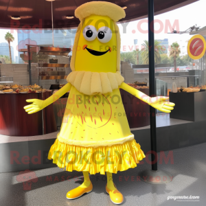 Yellow Paella mascot costume character dressed with a Empire Waist Dress and Shoe laces