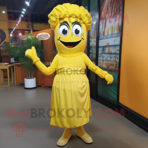 Yellow Paella mascot costume character dressed with a Empire Waist Dress and Shoe laces