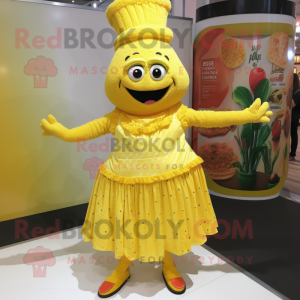 Yellow Paella mascot costume character dressed with a Empire Waist Dress and Shoe laces