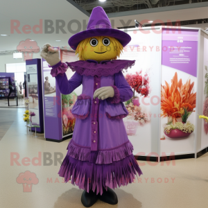 Purple Scarecrow mascot costume character dressed with a A-Line Dress and Brooches