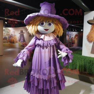 Purple Scarecrow mascot costume character dressed with a A-Line Dress and Brooches