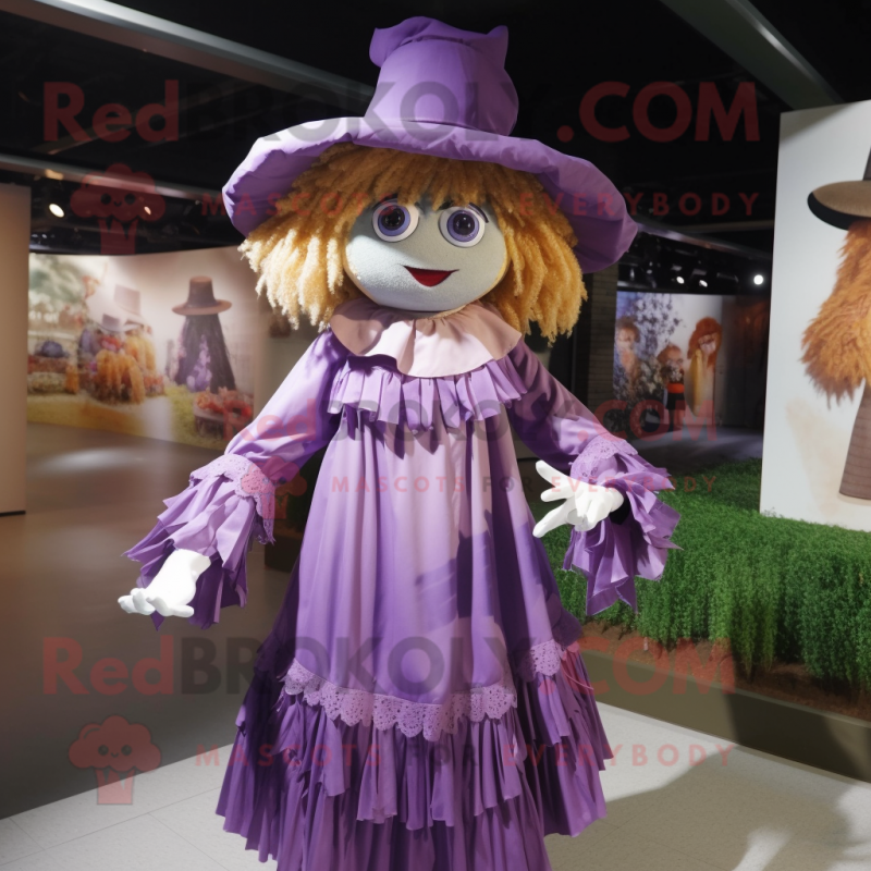 Purple Scarecrow mascot costume character dressed with a A-Line Dress and Brooches Purple Scarecrow mascot costume character dressed with a A-Line Dress and Brooches