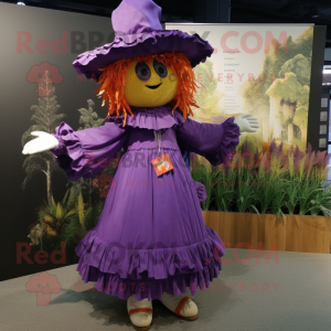 Purple Scarecrow mascot costume character dressed with a A-Line Dress and Brooches