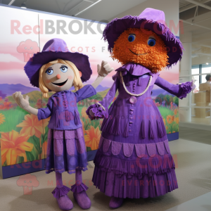 Purple Scarecrow mascot costume character dressed with a A-Line Dress and Brooches