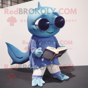 nan Blue Whale mascot costume character dressed with a Overalls and Reading glasses