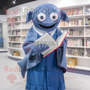 nan Blue Whale mascot costume character dressed with a Overalls and Reading glasses