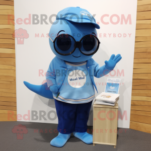 nan Blue Whale mascot costume character dressed with a Overalls and Reading glasses