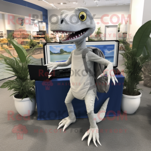 Gray Coelophysis mascot costume character dressed with a Sweatshirt and Briefcases