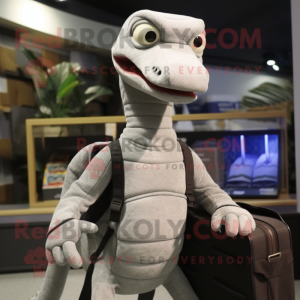 Gray Coelophysis mascot costume character dressed with a Sweatshirt and Briefcases