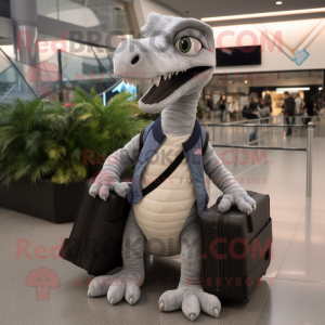 Gray Coelophysis mascot costume character dressed with a Sweatshirt and Briefcases
