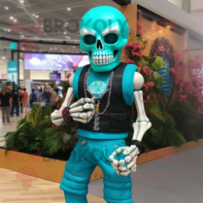 Turquoise Skull mascot costume character dressed with a Tank Top and Bracelet watches