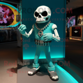 Turquoise Skull mascot costume character dressed with a Tank Top and Bracelet watches