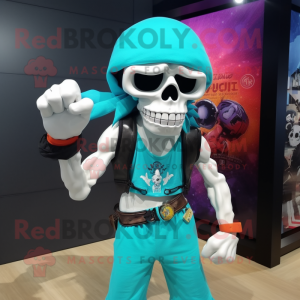 Turquoise Skull mascot costume character dressed with a Tank Top and Bracelet watches