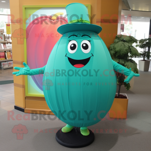 Teal Melon mascot costume character dressed with a Circle Skirt and Caps