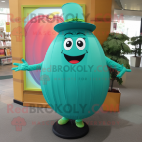 Teal Melon mascot costume character dressed with a Circle Skirt and Caps