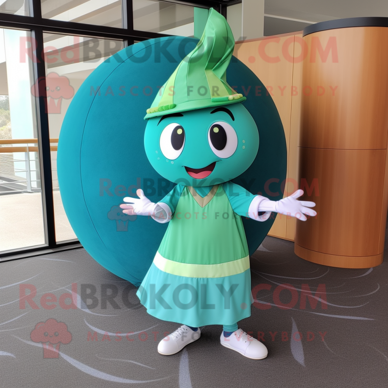 Teal Melon mascot costume character dressed with a Circle Skirt and Caps