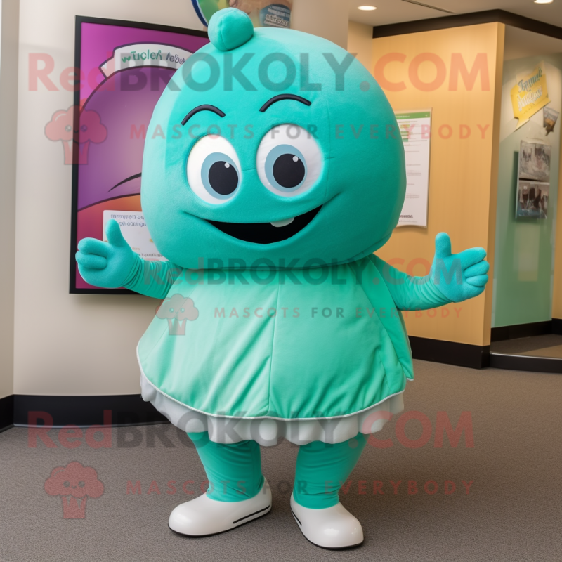 Teal Melon mascot costume character dressed with a Circle Skirt and Caps