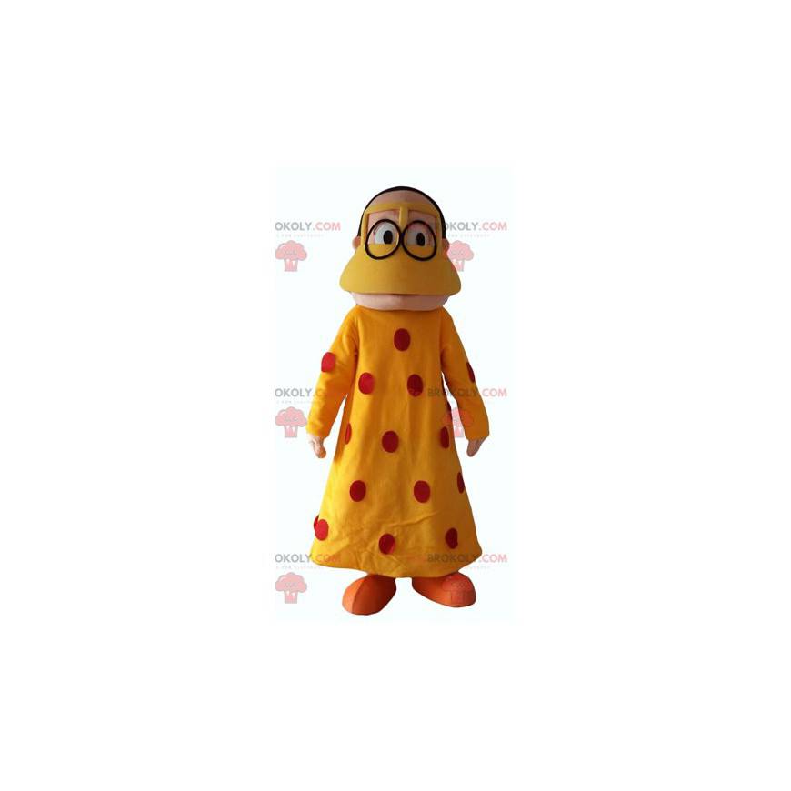 Mascotte de femme orientale avec une robe jaune à pois rouges -