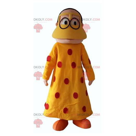 Oriental woman mascot with a yellow dress with red polka dots -