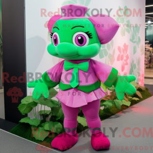 Maskotfigur af en magenta...
