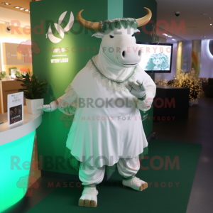 Green Bull mascot costume character dressed with a Wedding Dress and Bracelet watches