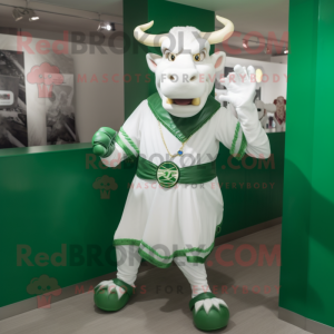 Green Bull mascot costume character dressed with a Wedding Dress and Bracelet watches