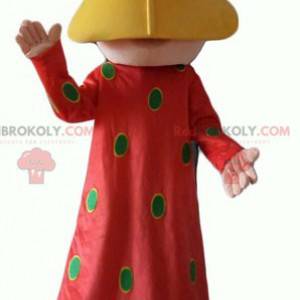 Oriental woman mascot with a red dress with green polka dots -