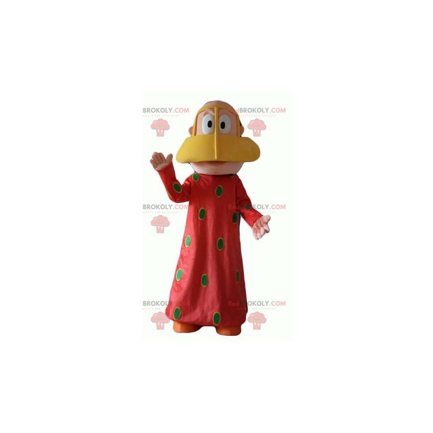 Oriental woman mascot with a red dress with green polka dots -