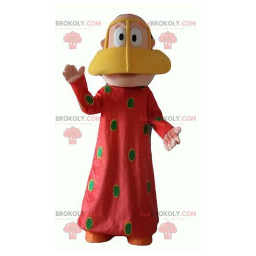 Oriental woman mascot with a red dress with green polka dots -