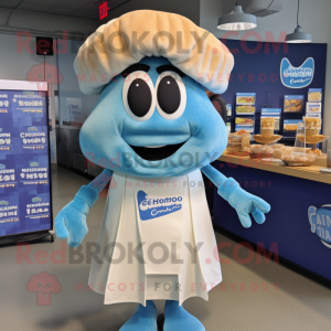 Blue Clam Chowder mascot costume character dressed with a Mini Dress and Lapel pins