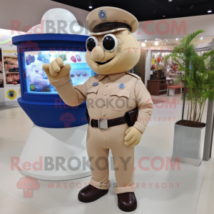 Beige Police Officer mascot costume character dressed with a Ball Gown and Gloves