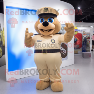 Beige Police Officer mascot costume character dressed with a Ball Gown and Gloves