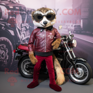 Maroon Meerkat mascot costume character dressed with a Biker Jacket and Clutch bags