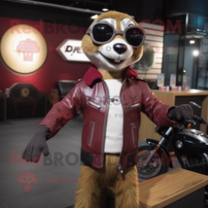 Maroon Meerkat mascot costume character dressed with a Biker Jacket and Clutch bags