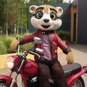 Maroon Meerkat mascot costume character dressed with a Biker Jacket and Clutch bags