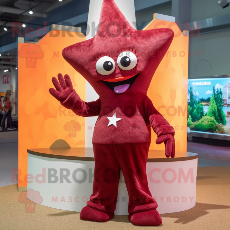 Maroon Starfish mascot costume character dressed with a Shift Dress and Gloves