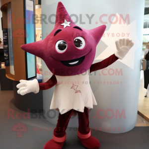 Maroon Starfish mascot costume character dressed with a Shift Dress and Gloves