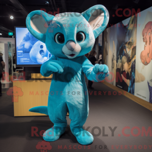 Maskotfigur af en cyan...