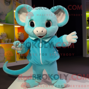Maskotfigur af en cyan...