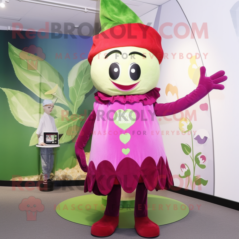 Magenta Beanstalk mascot costume character dressed with a Mini Dress and Caps Magenta Beanstalk mascot costume character dressed with a Mini Dress and Caps