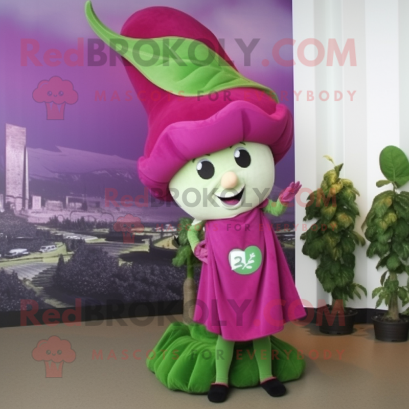 Magenta Beanstalk mascot costume character dressed with a Mini Dress and Caps Magenta Beanstalk mascot costume character dressed with a Mini Dress and Caps