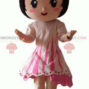Mascot little brunette girl with a pink dress - Redbrokoly.com