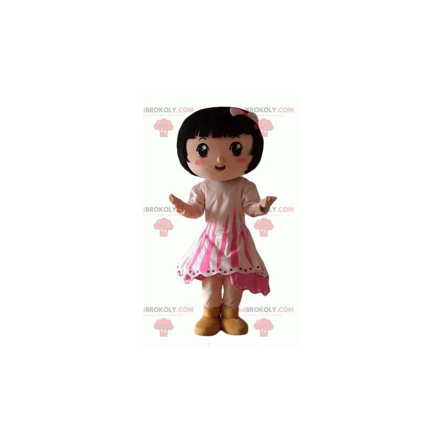 Maskot liten brunettflicka med en rosa klänning - Redbrokoly.com
