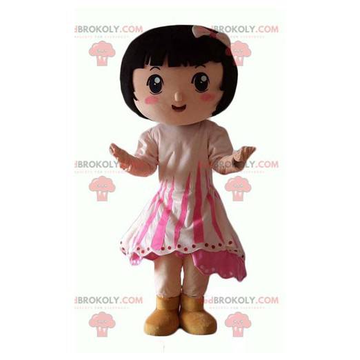 Mascotte de petite fille brune avec une robe rose -