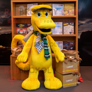 Yellow Loch Ness Monster mascot costume character dressed with a Cargo Shorts and Bow ties