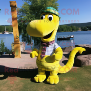 Yellow Loch Ness Monster mascot costume character dressed with a Cargo Shorts and Bow ties