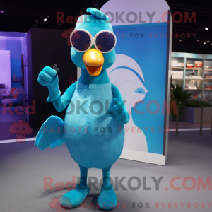 Maskotfigur af en cyan...