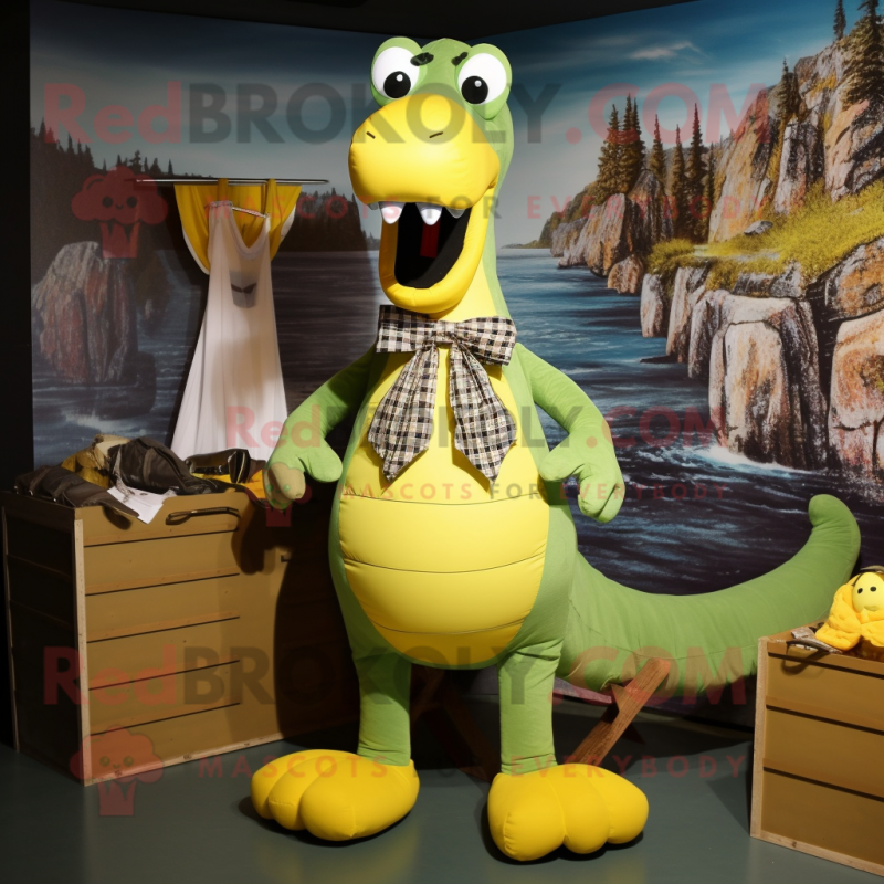 Yellow Loch Ness Monster mascot costume character dressed with a Cargo Shorts and Bow ties