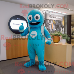 Maskotkarakter av en cyan...